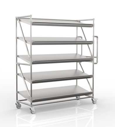 Shelving trolley for crates with inclined shelves 1500 mm wide, SP15050